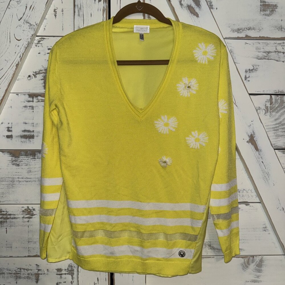 Sportalm Ulli Ehrlich Bright Yellow Floral Beaded Vneck Women's Sweater Size US4